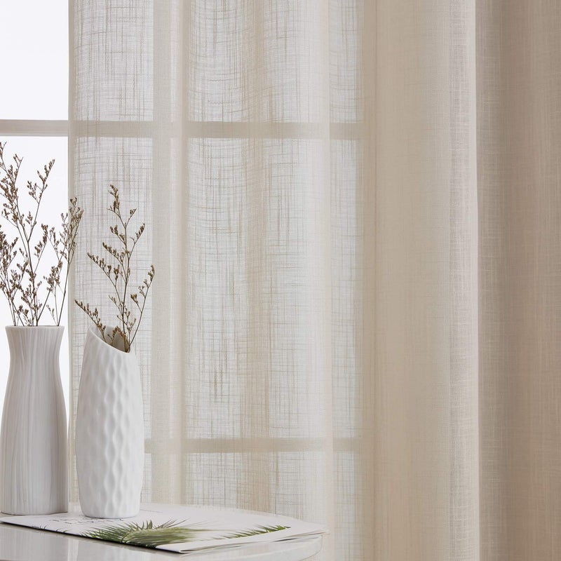 HLC.ME Abbey Faux Linen Textured Semi Sheer Privacy Light Filtering Transparent Grommet Short Thick Cafe Curtain Tiers for Small Windows, Kitchen & Basement, Set of 2 (35 W x 24 L, Beige) - Image 4
